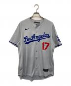 NIKE×MLBナイキ×エムエルビー）の古着「ベースボールシャツ ゲームシャツ」｜グレー×ブルー