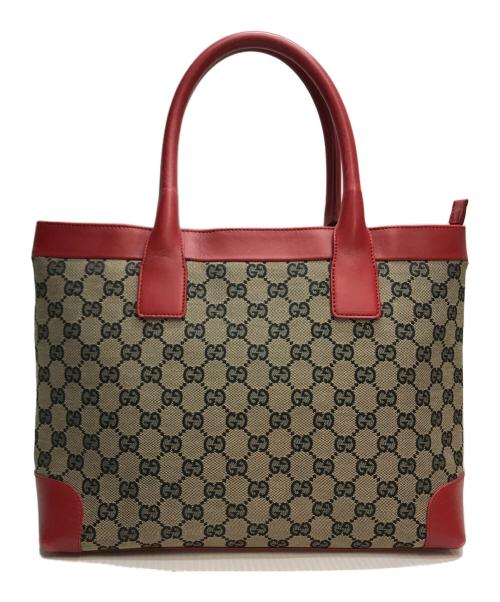 GUCCI（グッチ）GUCCI (グッチ) GGキャンバストートバッグ レッド×ネイビーの古着・服飾アイテム