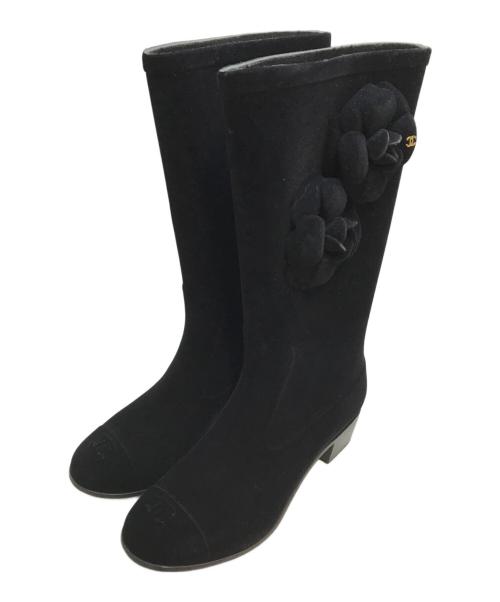 CHANEL（シャネル）CHANEL (シャネル) ココマーク カメリア ベル ベットレインブーツ ブラック サイズ:SIZE 35の古着・服飾アイテム