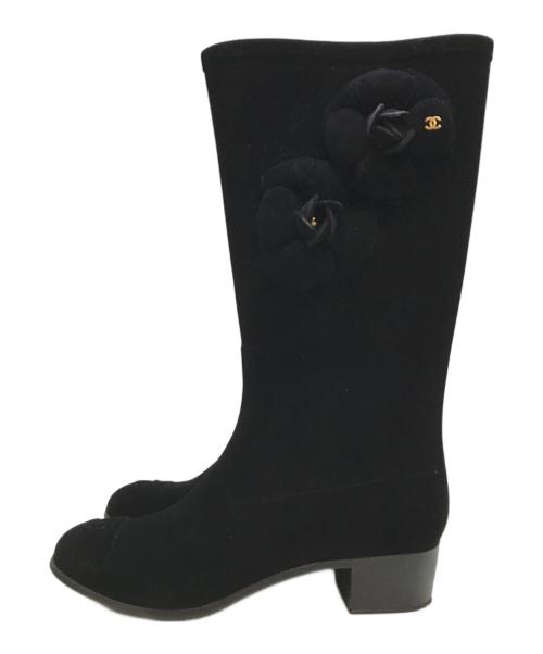 CHANEL（シャネル）CHANEL (シャネル) ココマーク カメリア ベル ベットレインブーツ ブラック サイズ:SIZE 35の古着・服飾アイテム