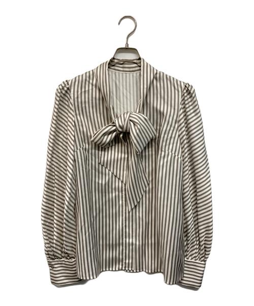 FOXEY（フォクシー）FOXEY (フォクシー) シルクボウタイストライプブラウス グレー サイズ:Mの古着・服飾アイテム