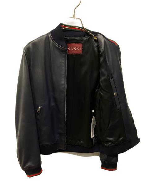 GUCCI（グッチ）GUCCI (グッチ) ウェブストライプレザー ボンバージャケット ブラック サイズ:44の古着・服飾アイテム