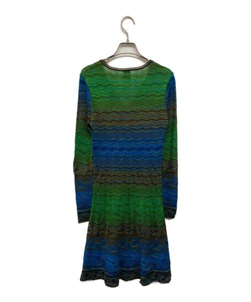 missoni（ミッソーニ）MISSONI (ミッソーニ) ウェーブボーダージャガードニットワンピース ブルー×グリーン サイズ:40の古着・服飾アイテム