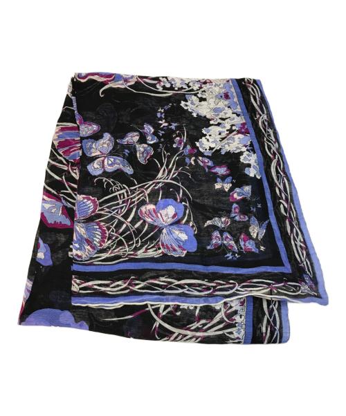 Emilio Pucci（エミリオ プッチ）Emilio Pucci (エミリオ プッチ) リネンコットン大判ストール 蝶柄 バタフライ ブラック×ブラウンの古着・服飾アイテム