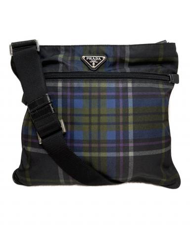 イタリア製 PRADA タータンチェック柄 ショルダーバッグ ナイロン 中古・古着通販】PRADA (プラダ) タータンチェックプレートショルダー