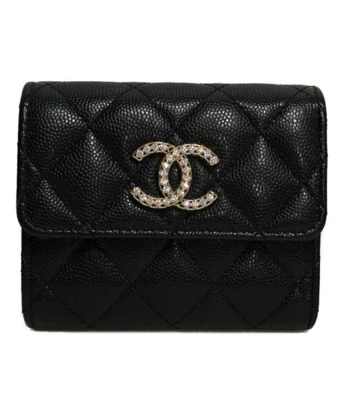 CHANEL（シャネル）CHANEL (シャネル) キャビアスキン ラインストーン スモールウォレット ブラックの古着・服飾アイテム