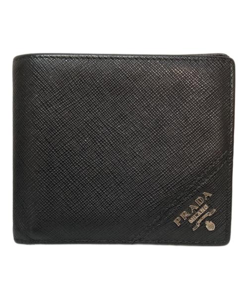 PRADA（プラダ）PRADA (プラダ) サフィアーノレザーウォレット 二つ折り メタルロゴ コンパクトウォレット ブラックの古着・服飾アイテム