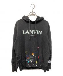 LANVIN×GALLERY DEPT（ランバン×ギャラリー デプト）の古着「ロゴ刺繍 ペイント加工 プルオーバースウェットパーカー」｜ブラック