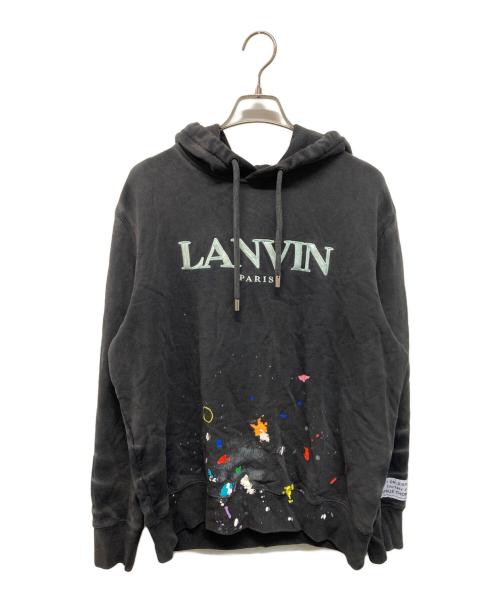 LANVIN（ランバン）LANVIN (ランバン) GALLERY DEPT (ギャラリー デプト) ロゴ刺繍 ペイント加工 プルオーバースウェットパーカー ブラック サイズ:Lの古着・服飾アイテム