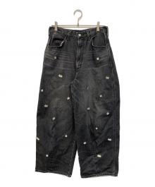 MAISON SPECIAL×Wrangler（メゾンスペシャル×ラングラー）の古着「花柄刺繍デニムパンツ バレルシルエット 花刺繍」｜ブラック