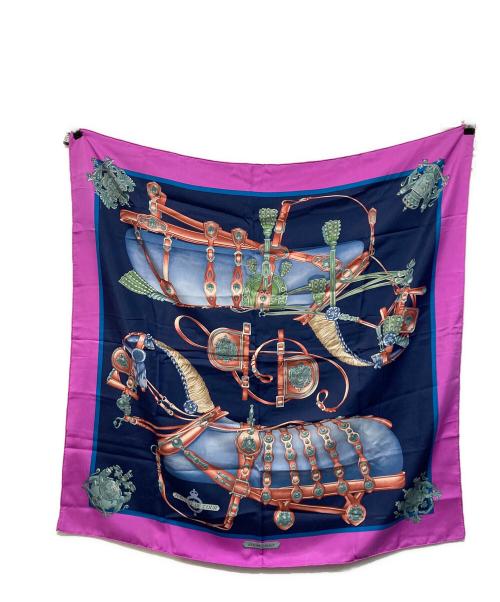 HERMES（エルメス）HERMES (エルメス) カレ90 シルクスカーフ HARNAIS DE COUR（宮廷の馬具） ネイビー×パープルの古着・服飾アイテム