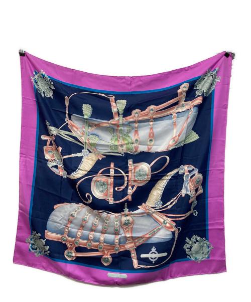 HERMES（エルメス）HERMES (エルメス) カレ90 シルクスカーフ HARNAIS DE COUR（宮廷の馬具） ネイビー×パープルの古着・服飾アイテム