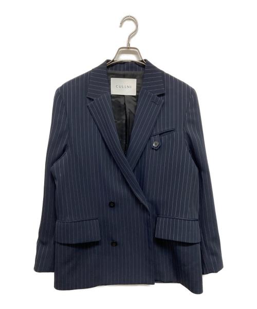 CULLNI（クルニ）CULLNI (クルニ) Stripe Double Cloth Button Tab Pocket Tailored Jacket（ストライプ ダブル クロス ボタン タブ ポケット テーラード ジャケット） ネイビー サイズ:１の古着・服飾アイテム