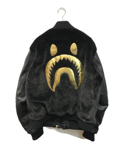 A BATHING APE BLACK（ア ベイシング エイプ）A BATHING APE BLACK (ア ベイシング エイプ) 18SS FAUX FUR Shark MA-1 フェイクファー シャーク フライトジャケット ブラック サイズ:Lの古着・服飾アイテム