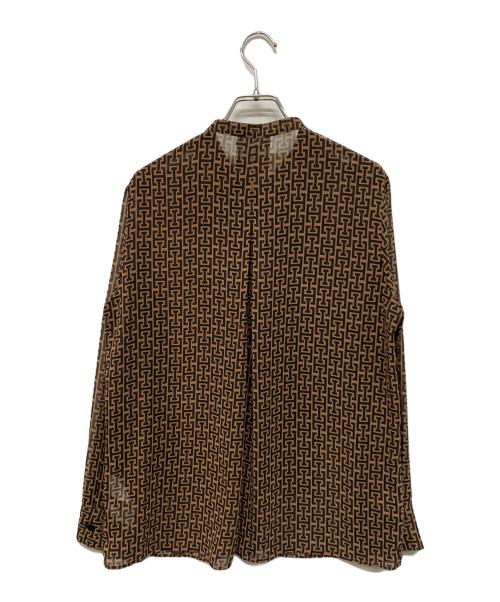 icB（アイシービー）icB (アイシービー) モノグラムプリントシフォン バンドカラーブラウス ブラウン サイズ:SIZE 4の古着・服飾アイテム