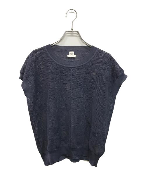 HERMES（エルメス）HERMES (エルメス) シルク半袖ニット　刺繍デザイン ネイビー サイズ:SIZE 40の古着・服飾アイテム