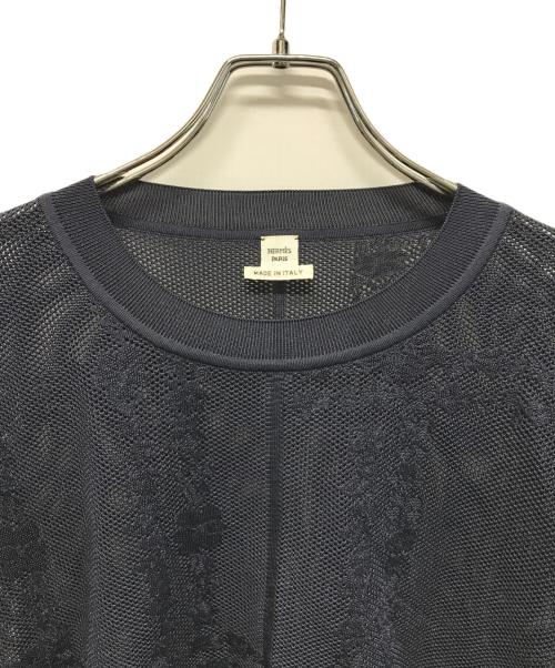 HERMES（エルメス）HERMES (エルメス) シルク半袖ニット　刺繍デザイン ネイビー サイズ:SIZE 40の古着・服飾アイテム
