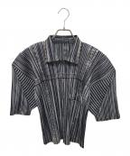 PLEATS PLEASEプリーツプリーズ）の古着「プリーツ半袖シャツ デニムジャケット転写」｜ネイビー