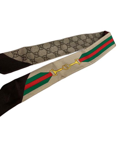 GUCCI（グッチ）GUCCI (グッチ) プリント シルク リボン スカーフ ツイリー ベージュの古着・服飾アイテム