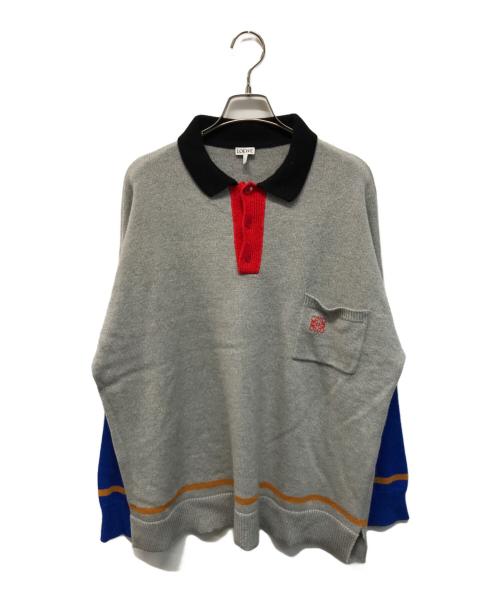 LOEWE（ロエベ）LOEWE (ロエベ) カシミヤブレンドアナグラムポロニット イタリア製 グレー×ブルー サイズ:Sの古着・服飾アイテム