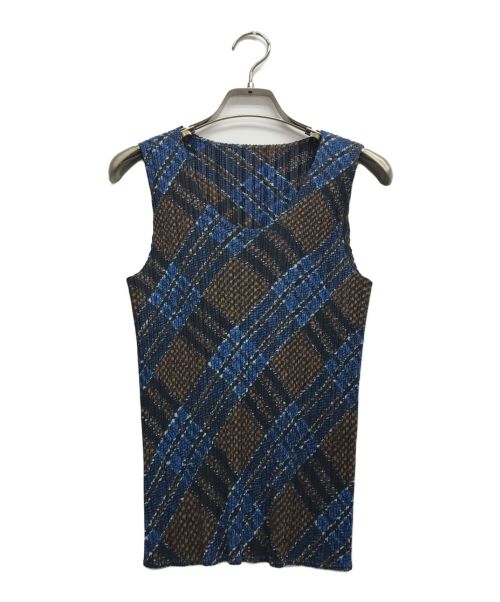 PLEATS PLEASE（プリーツプリーズ）PLEATS PLEASE (プリーツプリーズ) 総柄プリーツノースリーブカットソー ブルー×ブラウン サイズ:3の古着・服飾アイテム