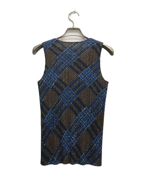 PLEATS PLEASE（プリーツプリーズ）PLEATS PLEASE (プリーツプリーズ) 総柄プリーツノースリーブカットソー ブルー×ブラウン サイズ:3の古着・服飾アイテム