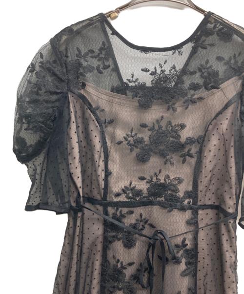 LeJa（レジャ）Leja (レジャ) レースパフスリーブワンピース ブラック×ベージュ サイズ:Mの古着・服飾アイテム