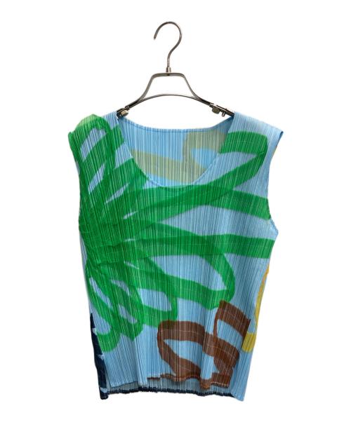PLEATS PLEASE（プリーツプリーズ）PLEATS PLEASE (プリーツプリーズ) 刺繍プリーツノースリーブカットソー スカイブルー サイズ:3の古着・服飾アイテム