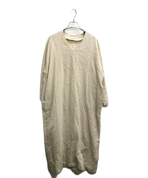 evam eva vie（エヴァムエヴァ ヴィー）evam eva vie (エヴァムエヴァ ヴィー) ドロップショルダーVネックワンピース ベージュ サイズ:1の古着・服飾アイテム