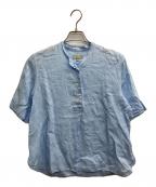 MARGARET HOWELLマーガレットハウエル）の古着「SOFT LINEN ノーカラープルオーバーシャツ」｜ブルー