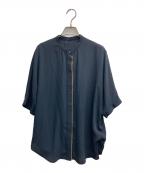 icBアイシービー）の古着「BackSatinAmunzen 5分袖バンドカラーブラウス」｜ネイビー