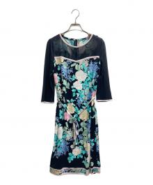 LEONARD FASHION（レオナールファッション）の古着「カンカン素材薔薇柄ワンピース」｜ネイビー