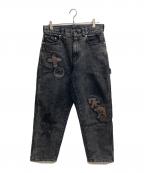 AVIREXアヴィレックス）の古着「LEATHER PATCH DENIM PANTS（レザー　パッチ　デニム　パンツ）」｜ブラック