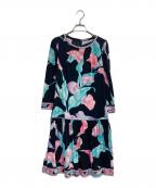 LAONARDレオナード）の古着「カンカン素材プリントワンピース」｜ブルー×ブラック