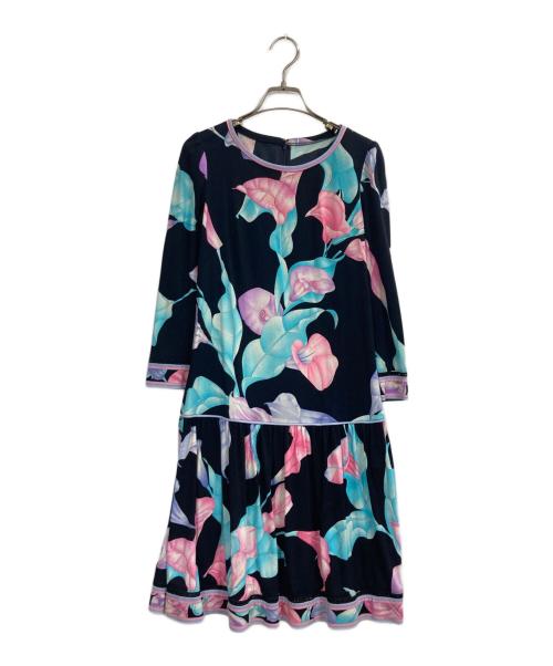 LAONARD（レオナード）LAONARD (レオナード) カンカン素材プリントワンピース ブルー×ブラック サイズ:34の古着・服飾アイテム