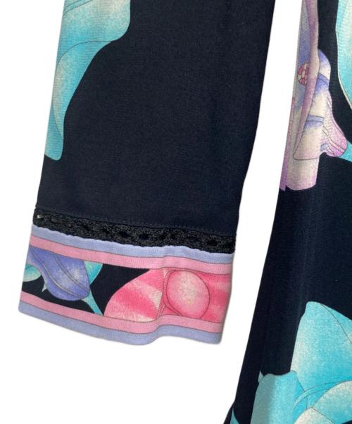 LAONARD（レオナード）LAONARD (レオナード) カンカン素材プリントワンピース ブルー×ブラック サイズ:34の古着・服飾アイテム