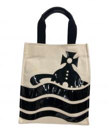 Vivienne Westwood×elite（ヴィヴィアンウエストウッド×エリート）の古着「エナメルコンビキャンバストートバッグ」｜ブラック×アイボリー