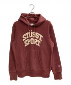 stussy×Championステューシー×チャンピオン）の古着「アーチロゴパーカー」｜レッド