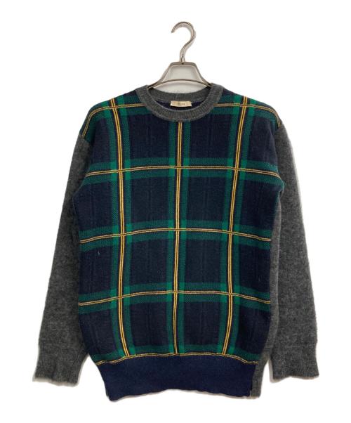 CELINE（セリーヌ）CELINE (セリーヌ) スリーブ切替ウールチェックニット ネイビー サイズ:Sの古着・服飾アイテム