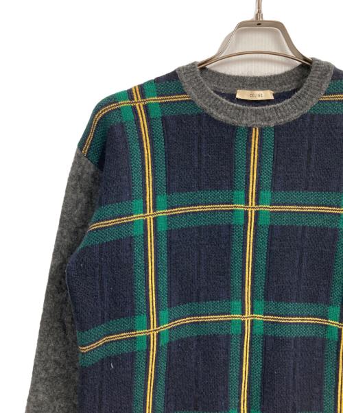 CELINE（セリーヌ）CELINE (セリーヌ) スリーブ切替ウールチェックニット ネイビー サイズ:Sの古着・服飾アイテム