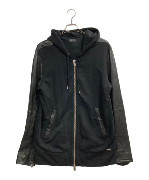 DIESEL（ディーゼル）DIESEL (ディーゼル) レザー切替ダブルジップパーカー ブラック サイズ:Lの古着・服飾アイテム