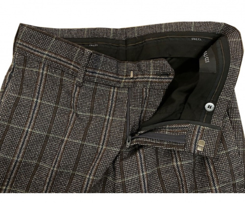 GUCCI（グッチ）GUCCI (グッチ) シルク混チェックスラックス ブラウン×ブルー サイズ:44Rの古着・服飾アイテム