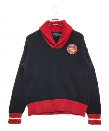 POLO RALPH LAUREN（ポロ・ラルフローレン）の古着「カラーブロックコットンショール セーター」｜レッド×ネイビー