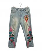 GALFYガルフィー）の古着「燃える薔薇 ストレッチデニムワイドパンツ」｜インディゴ