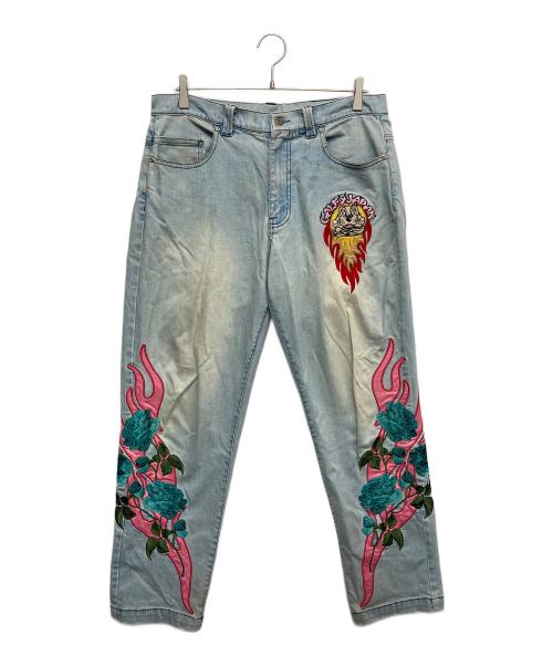 GALFY（ガルフィー）GALFY (ガルフィー) 燃える薔薇 ストレッチデニムワイドパンツ インディゴ サイズ:Mの古着・服飾アイテム