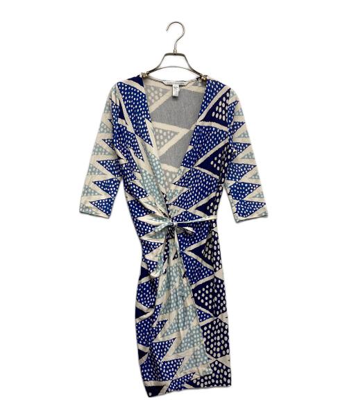 DIANE VON FURSTENBERG（ダイアンフォンファステンバーグ）DIANE VON FURSTENBERG (ダイアンフォンファステンバーグ) カシュクール半袖シルクワンピース ブルーの古着・服飾アイテム