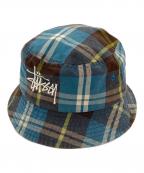 stussyステューシー）の古着「Big Logo Madras Bucket Hat」｜ブルー