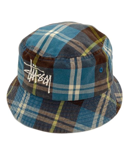 stussy（ステューシー）stussy (ステューシー) Big Logo Madras Bucket Hat ブルーの古着・服飾アイテム