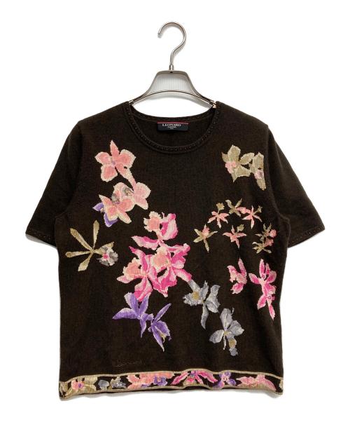 LEONARD（レオナール）LEONARD (レオナール) 花柄半袖ニット ブラウン サイズ:LLの古着・服飾アイテム