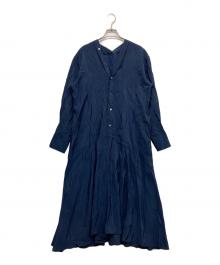 BEARDSLEY（ビアズリー）の古着「Vネック カラーレス シャツワンピース」｜ネイビー